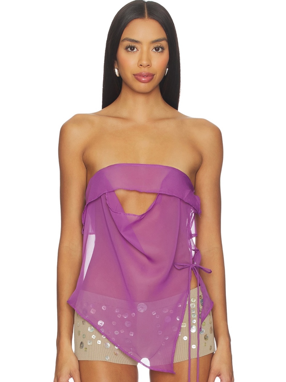 Jaded London Purple Sheer Strapless Draped Top